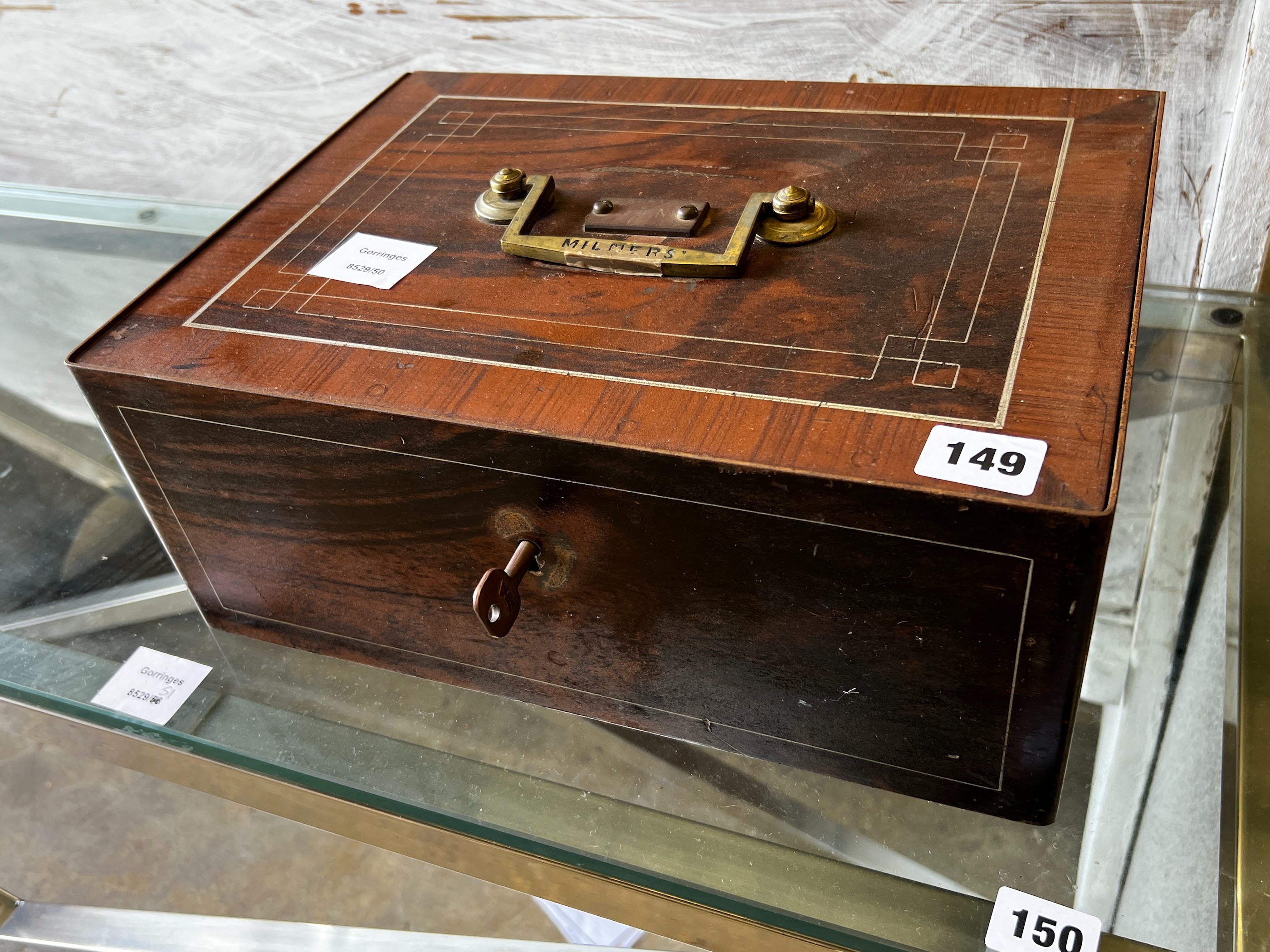 A milner's strong box with painted simulated grain, width 35cm, depth 26cm, height 14cm